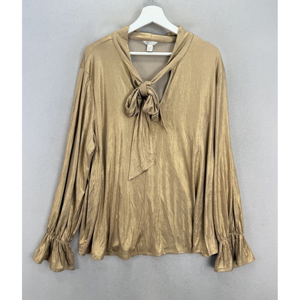 Cato Women's Plus Sz 22/24W Gold Metallic Long Sleeve Tie Neck Ruffled Cuffs Top - Picture 2 of 9